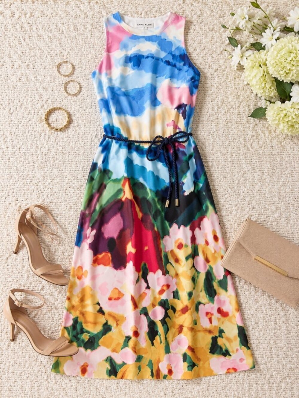 Anne Klein Azurine Multi Rope Belt Watercolor Midi Dress Size M NWT